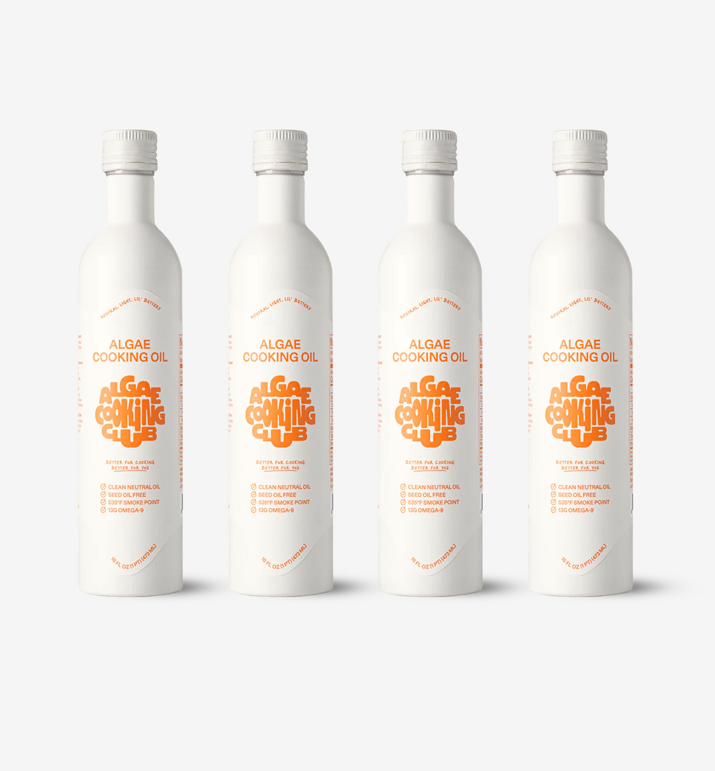 Algae Cooking Club algae cooking oil in white aluminum bottles, seed oil free with 535°F smoke point and 13g Omega-9
