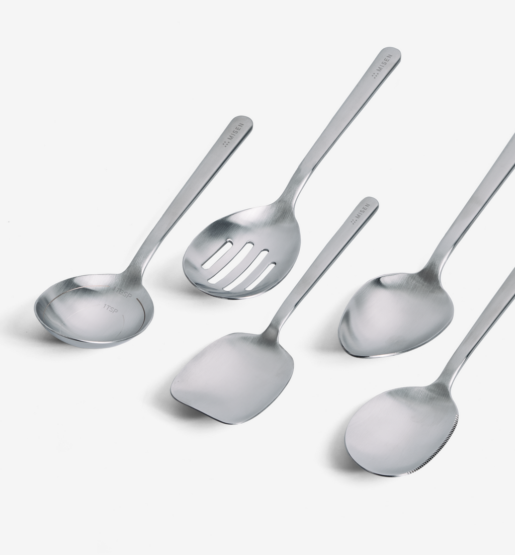 Misen stainless steel kitchen utensil set with ladle, slotted spoon, spatula, and serving spoons